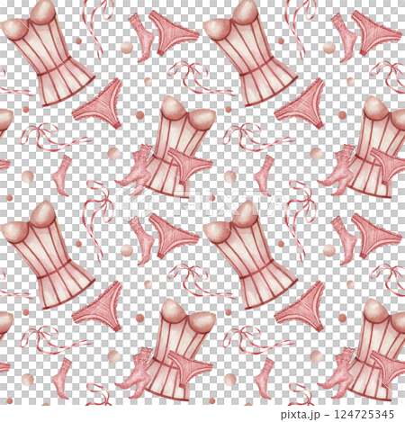 Women corset, lace socks, bow, panties seamless pattern watercolor illustration isolated on white background. Pink beige lace underwear. Wrapping paper, packaging in lingerie store or on holidays 124725345