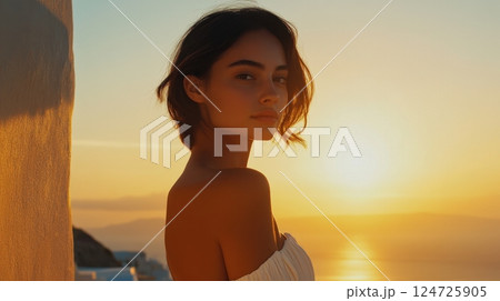 A woman stands in soft golden sunlight near a white wall, overlooking the sea during a serene Santorini sunset 124725905