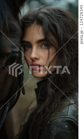 Young Woman with Braids Standing Beside a Dark Brown Horse 124726345