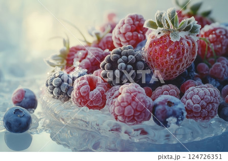 Frozen berries resting on a crystal-clear ice sheet Frozen berries resting on a crystal-clear ice sheet 124726351