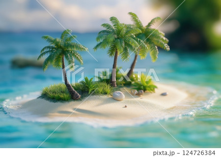 Miniature tropical island with swaying palms and turquoise waters 124726384