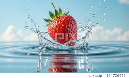 strawberry splashing into clear water. 124726453