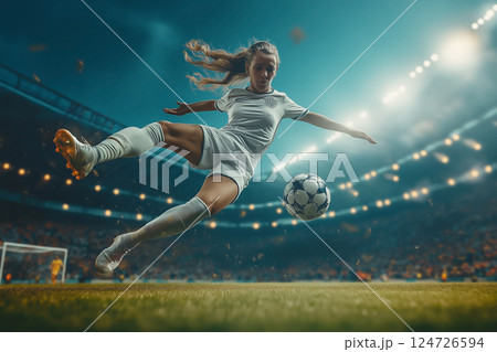 Soccer Player Leaps for a Bicycle Kick in a Powerful Motion 124726594