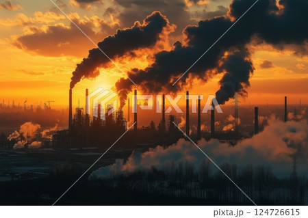 Thick Industrial Smoke Billowing from Massive Rusted Factory Pipes Thick Industrial Smoke Billowing from Massive Rusted Factory Pipes 124726615