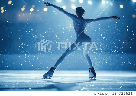 Graceful Figure Skater Mid-Spin Under Bright Arena Lights Graceful Figure Skater Mid-Spin Under Bright Arena Lights 124726621