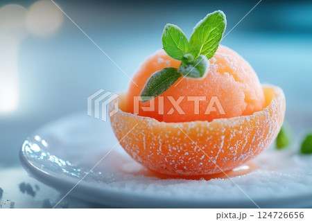 Frozen Sorbet Nestled in a Hollowed-Out Fruit Shell Frozen Sorbet Nestled in a Hollowed-Out Fruit Shell 124726656