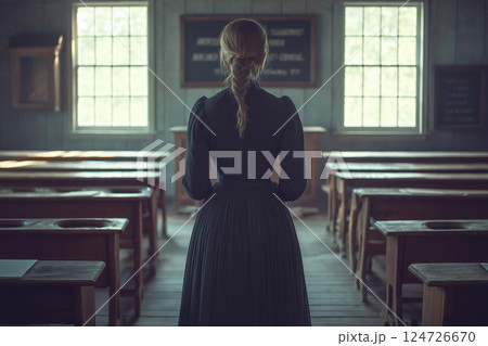 19th-Century Schoolhouse with Teacher Writing on Chalkboard 124726670