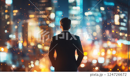 Businessman Contemplating City Lights at Night 124726672