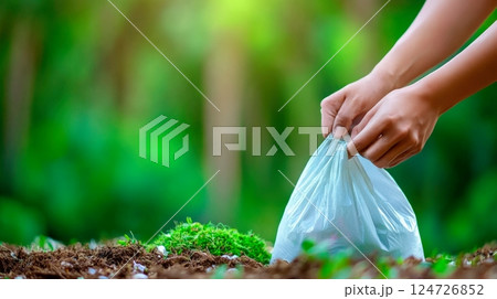 Hands Collecting Litter in a Trash Bag During Cleanup 124726852