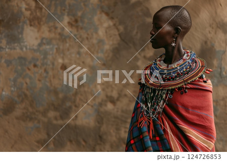 Maasai Woman in Traditional Beaded Jewelry and Shuka Wrap 124726853