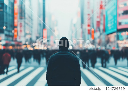 Lone Figure Amidst a Chaotic City 124726869