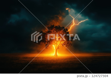 Lightning Strikes Tree in Stormy Field, Flames Ignite in Fiery Explosion of Power 124727304