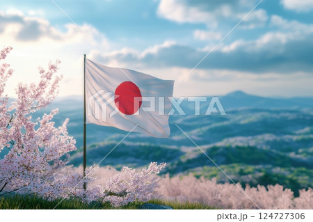 Japanese flag waving gracefully amid cherry blossoms and rolling hills in sunlight 124727306