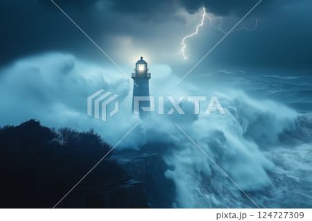 Towering waves crash against lighthouse during powerful typhoon with lightning in sky 124727309