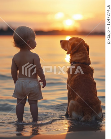 Chubby Baby and Dog on Sunset Beach 124727416