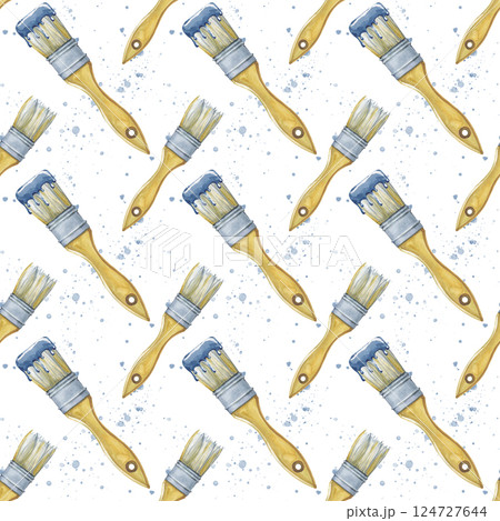Seamless background with brushes and splashes of paint on a white background. The elements are drawn manually. Brushes with a wooden handle are empty and with a layer of paint. Watercolor 124727644