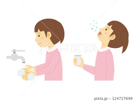 うがいと手洗いをする横向きの子どものイラスト_女児 124727699