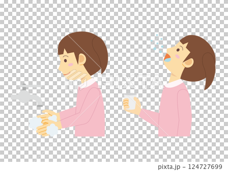 うがいと手洗いをする横向きの子どものイラスト_女児 124727699