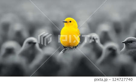 A vivid yellow bird perches confidently amidst a crowd of gray birds, showcasing nature's beauty and the power of color in a tranquil environment A vivid yellow bird perches confidently amidst a crowd of gray birds, showcasing nature's beauty and the power of color in a tranquil environment 124727740