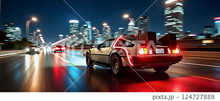 バックトゥザフューチャー　夜のロサンゼルスを走るデロリアン　1980年代の光景　[AI生成画像] 124727889