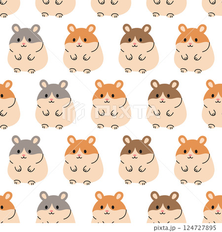 Seamless pattern with different colored hamsters on white background. Little rodents. Cute pets. Domestic animals in simple style. Vector flat illustration for wallpaper, textile, packaging 124727895