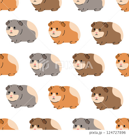 Seamless pattern with different colored guinea pigs on white background. Little rodents. Cute pets. Domestic animals in simple style. Vector flat illustration for wallpaper, textile, packaging Seamless pattern with different colored guinea pigs on white background. Little rodents. Cute pets. Domestic animals in simple style. Vector flat illustration for wallpaper, textile, packaging 124727896