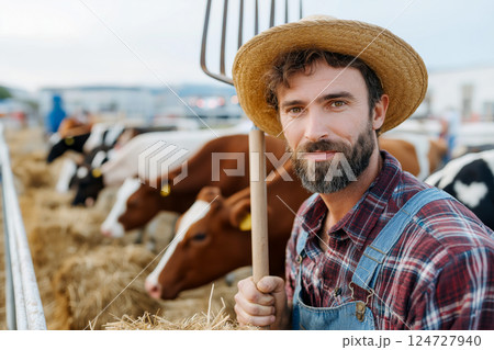 Farmer with Cows in Pasture 124727940