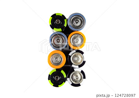 Salt and alkaline batteries, source of energy for portable technology. AAA and AA batteries Salt and alkaline batteries, source of energy for portable technology. AAA and AA batteries 124728097