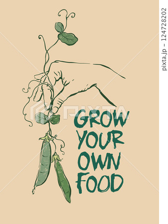 Vector poster with Mediterranean peas with short phrase. Peas kissed by the Mediterranean sun. Hand-drawn card isolated on beige background. Tasty food for design, print, fabric or background. 124728202