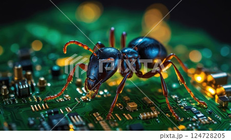 Close-Up of an Ant on a Circuit Board Representing Technology and Nature 124728205