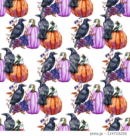 Watercolor pumpkins, flowers, ravens, crow. Autumn background Fall Halloween seamless pattern 124728208