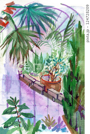 Orangery, glass house, green house interior. Watercolor sketch illustration. 124728209