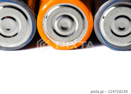 Salt and alkaline batteries, source of energy for portable technology. AAA and AA batteries 124728230