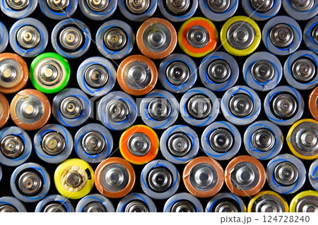 Salt and alkaline batteries, source of energy for portable technology. AAA and AA batteries Salt and alkaline batteries, source of energy for portable technology. AAA and AA batteries 124728240