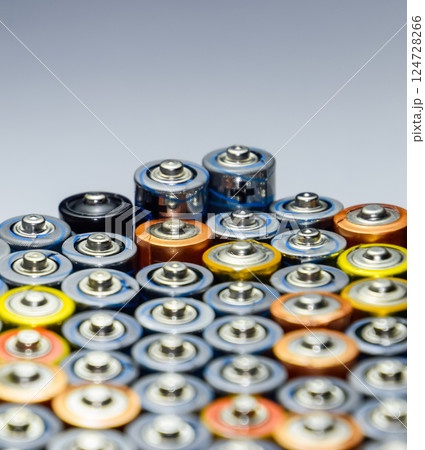 Salt and alkaline batteries, source of energy for portable technology. AAA and AA batteries Salt and alkaline batteries, source of energy for portable technology. AAA and AA batteries 124728266