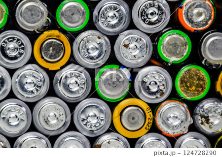 Salt and alkaline batteries, source of energy for portable technology. AAA and AA batteries Salt and alkaline batteries, source of energy for portable technology. AAA and AA batteries 124728290