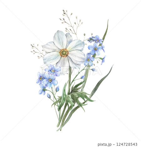 Green grass, blue forget-me-nots, white anemone and other wildflowers. Botanical illustration on a delicate spring theme. For holidays and wedding industry, various packaging and cards, textiles. 124728543
