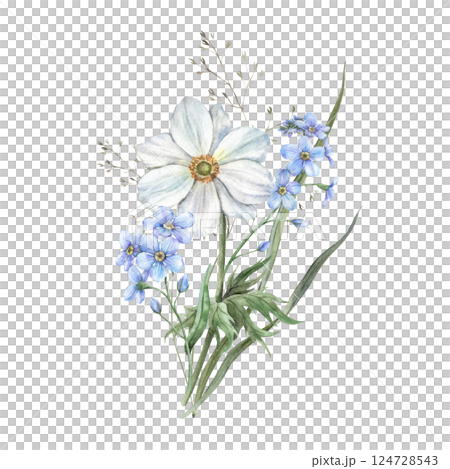 Green grass, blue forget-me-nots, white anemone and other wildflowers. Botanical illustration on a delicate spring theme. For holidays and wedding industry, various packaging and cards, textiles. 124728543