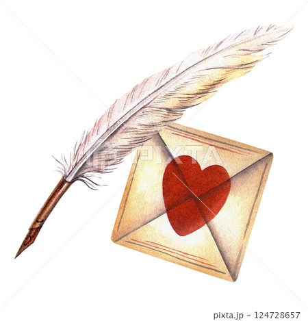 Love letter with dip pen. Vintage style watercolor illustration of Valentine's card and antique quill. Perfect for writing, love letters, and vintage stationery, craft and handmade decor, scrapbooking 124728657