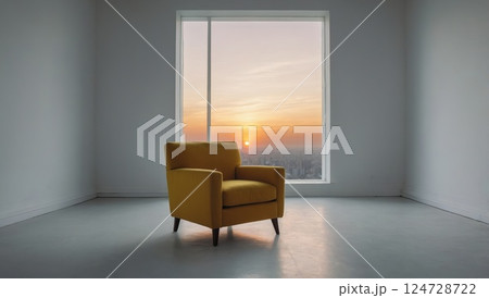 Minimalist Room Featuring a Yellow Armchair and Stunning Cityscape Sunset View 124728722