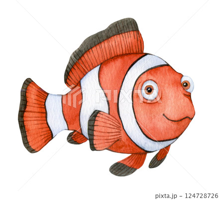cute tropical clownfish character. watercolor illustration for kids, underwater life cute tropical clownfish character. watercolor illustration for kids, underwater life 124728726