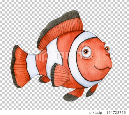 cute tropical clownfish character. watercolor illustration for kids, underwater life cute tropical clownfish character. watercolor illustration for kids, underwater life 124728726