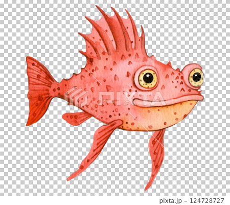 cute character tropical fish scorpionfish. watercolor illustration for kids, underwater life cute character tropical fish scorpionfish. watercolor illustration for kids, underwater life 124728727