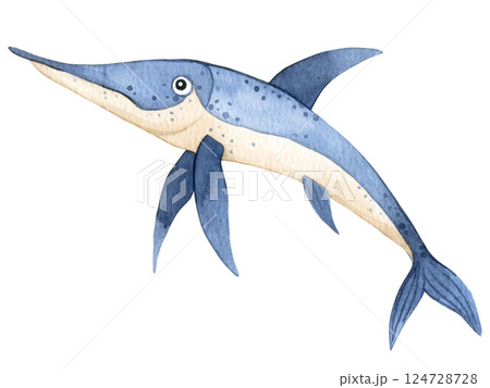 cute character tropical swordfish. watercolor illustration for kids, underwater life cute character tropical swordfish. watercolor illustration for kids, underwater life 124728728