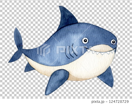 cute shark character. watercolor illustration for kids, underwater life 124728729