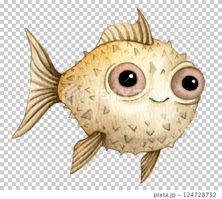 cute character tropical blowfish. watercolor illustration for kids, underwater life cute character tropical blowfish. watercolor illustration for kids, underwater life 124728732