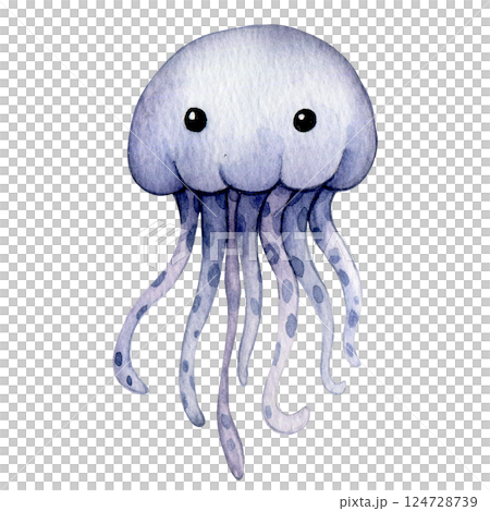 cute jellyfish character. watercolor illustration for kids, underwater life 124728739
