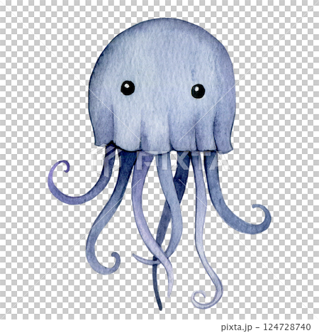 cute jellyfish character. watercolor illustration for kids, underwater life cute jellyfish character. watercolor illustration for kids, underwater life 124728740