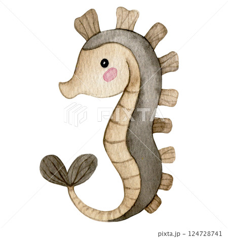 cute seahorse character. watercolor illustration for kids, underwater life 124728741