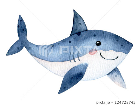 cute shark character. watercolor illustration for kids, underwater life 124728743